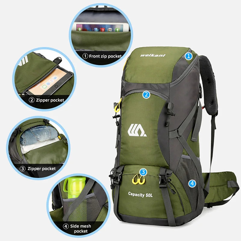 Travel Backpack 50L Camping Men Large Hiking Rucksack Tourist Waterproof Bag Outdoor Sports Climbing Mountaineering Bag Luggage